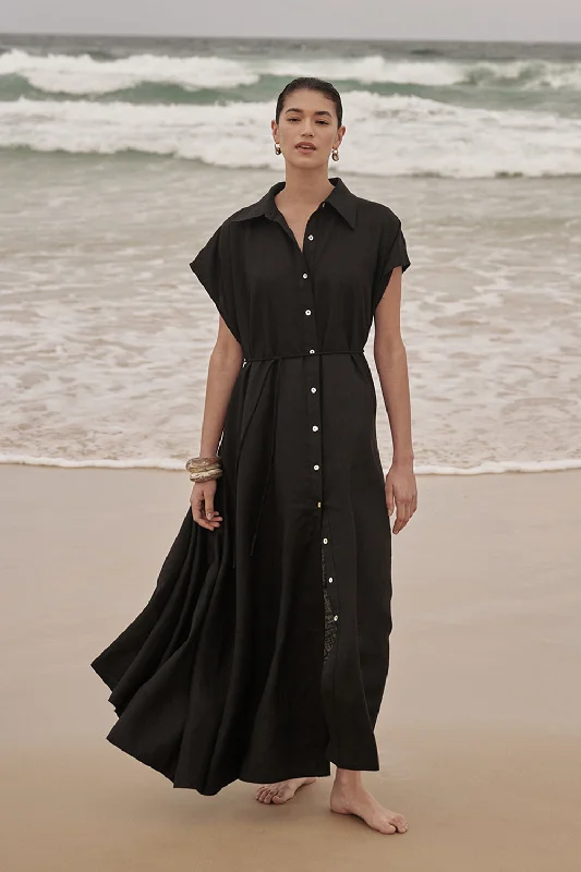 Midi Dresses with Tie Waist Design-LANA BLACK LINEN MIDI SHIRT DRESS