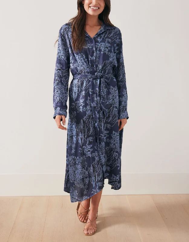 Midi Dresses for Fall and Winter Wear-Botanic Print Midi Shirt Dress - Navy