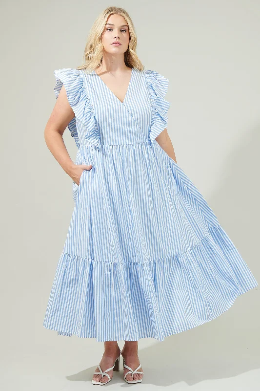 Midi Dresses for Trendy Wedding Gatherings-Striped Fairness Poplin Surplice Midi Dress Curve