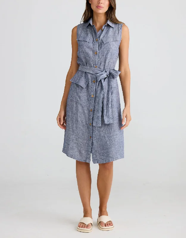 Midi Dresses for Casual Family Gatherings in Fall-Didi Linen Shirt Dress - Navy Fleck