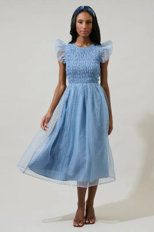 Midi Dresses with Tulle Skirts-Lucille Organza Dot Smocked Midi Dress