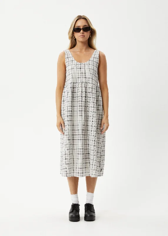 Midi Dresses for Trendy Holiday Gatherings-AFENDS Womens Leo - Seersucker Check Midi Dress - Black / White