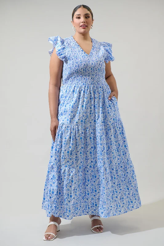 Midi Dresses for Formal Wear in Winter-Luray Floral Sunfire Smocked Bodice Tiered Midi Curve Dress