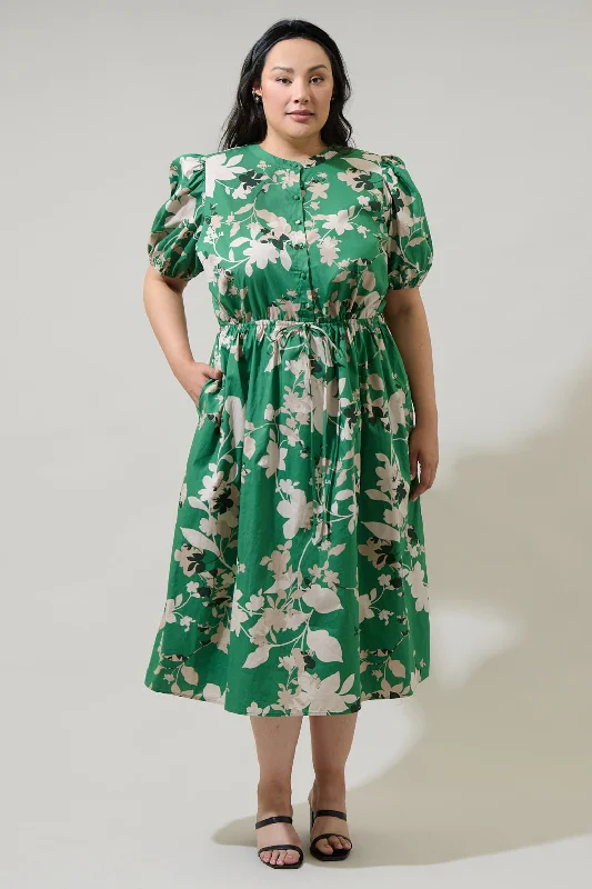 Midi Dresses with Embellished Waist-Nora Floral Terri Button Down Midi Dress Curve