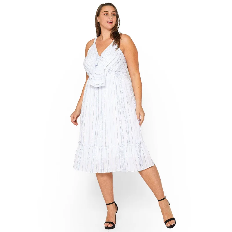 Midi Dresses for Elegant Winter Outfits-Plus Size Tie Front Hem Midi Dress in Oceanstripe