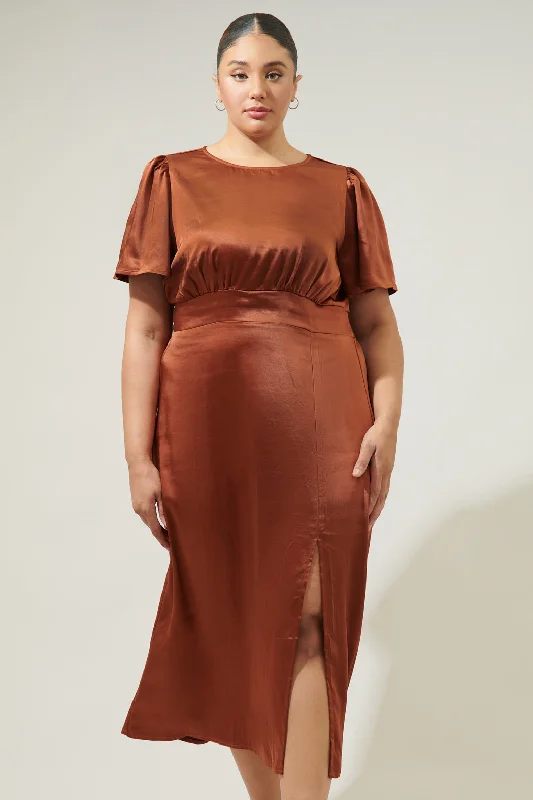 Midi Dresses for Spring and Summer Gatherings-Spice Satin Bloom Midi Dress Curve