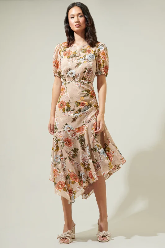 Midi Dresses for Summer Garden Gatherings-Harbin Floral Balboa Asymmetrical Midi Dress