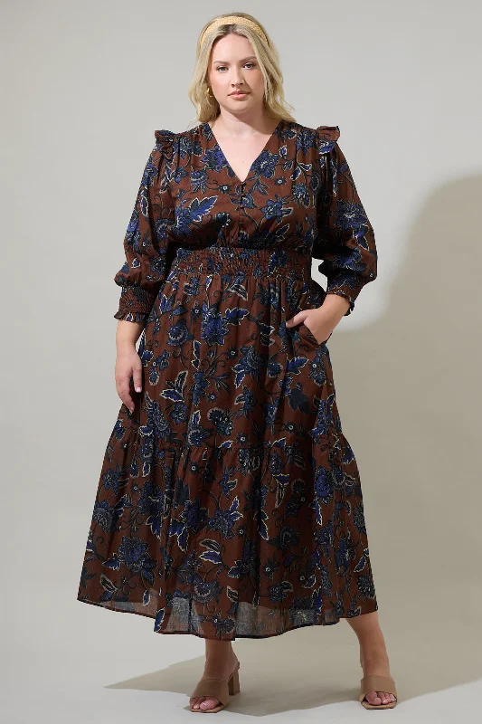 Midi Dresses for Casual Day Events in Spring-Marlina Floral Norma Long Sleeve Midi Dress Curve