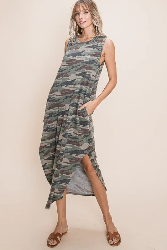 Midi Dresses with Lace-up Details-Camo Midi