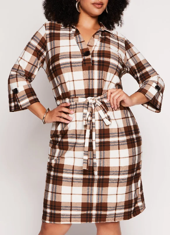 Midi Dresses for Formal Gatherings-Plus Size Crepe Knit Plaid Shirt Dress