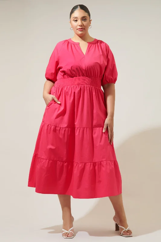 Midi Dresses for Trendy Formal Gatherings-Jamila Poplin Puff Sleeve MIdi Dress Curve