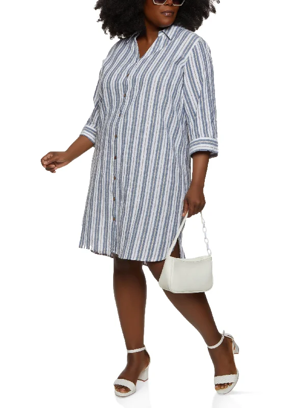 Midi Dresses for Summer Bridal Showers-Plus Size Stripe Button Front Shirt Dress