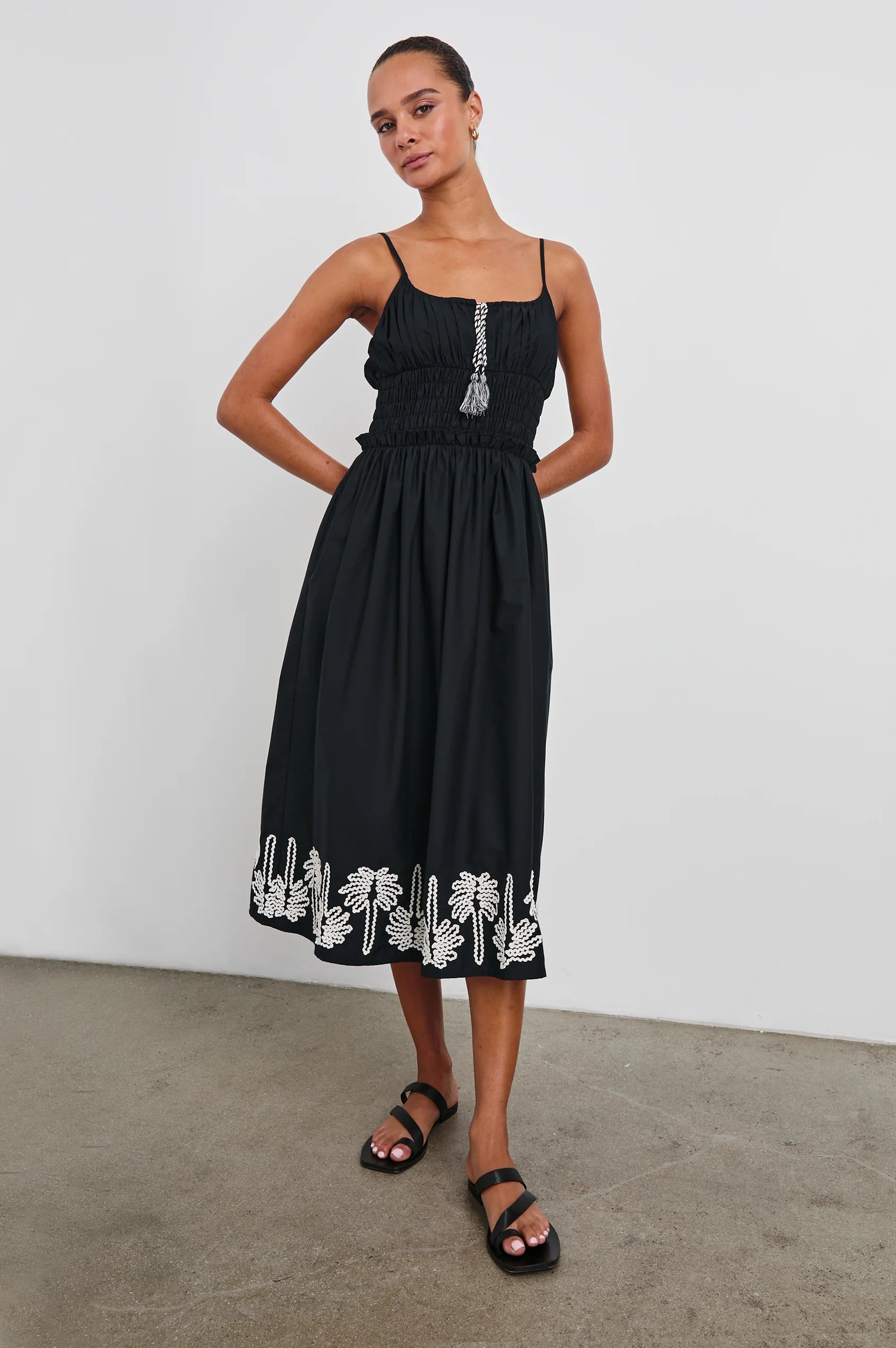 Midi Dresses with Gathered Skirt-Baja Dress Black Ivory Palm Trees