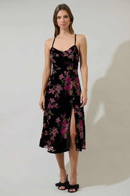 Midi Dresses for Trendy Spring Weddings-Sylvia Floral Midnight Parting Ways Midi Dress