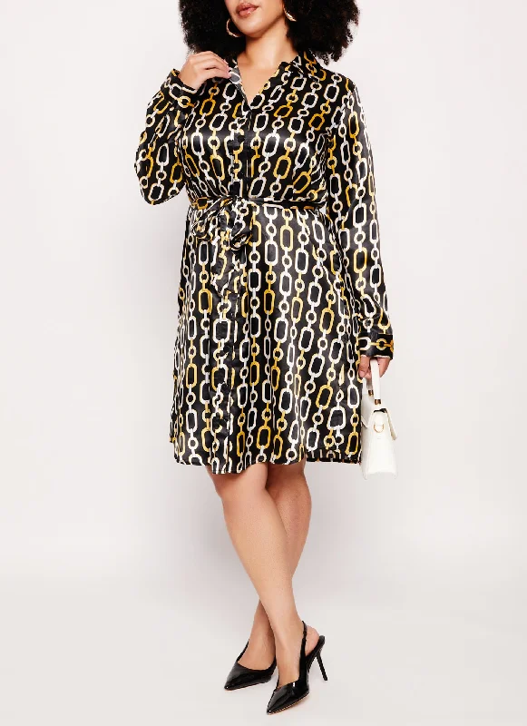 Midi Dresses for Cocktail Parties-Plus Size Satin Chain Print Button Front Shirt Dress