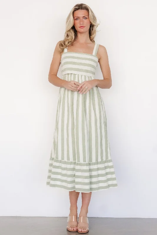 Midi Dresses for Winter Family Gatherings-Soren Tie Back Dress | Sage Stripe