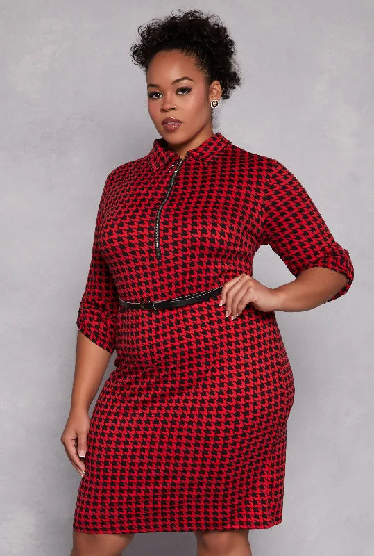 Midi Dresses for Trendy Fall Wear-Plus Size Houndstooth Half Zip Midi Dress