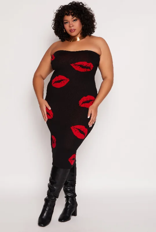 Midi Dresses for Elegant Spring Gatherings-Plus Size Almost Famous Lip Print Midi Tube Dress