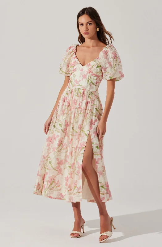 Midi Dresses for Fashionable Office Looks-Sasilia Floral Puff Sleeve Dress