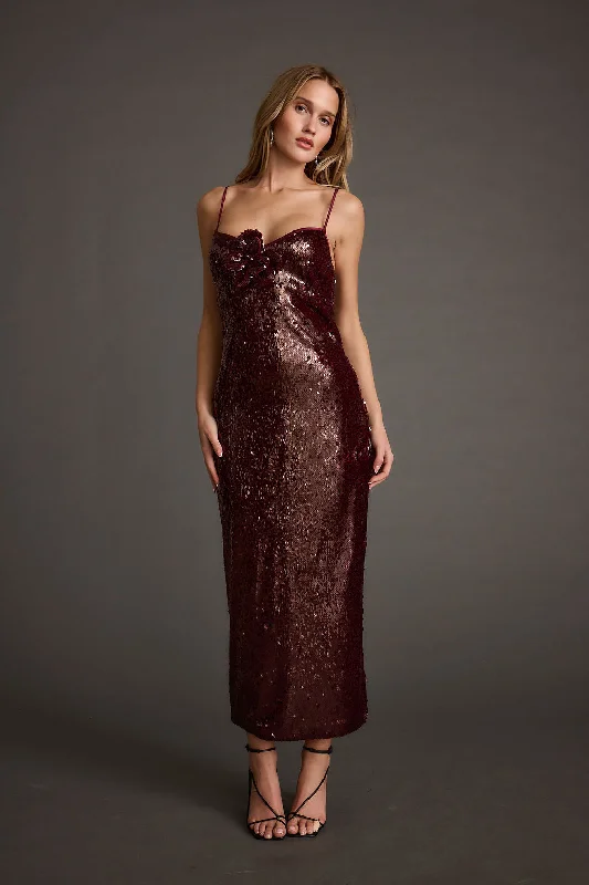 Midi Dresses for Elegant Family Events-All For You Merlot Sequin Rosette Midi Dress