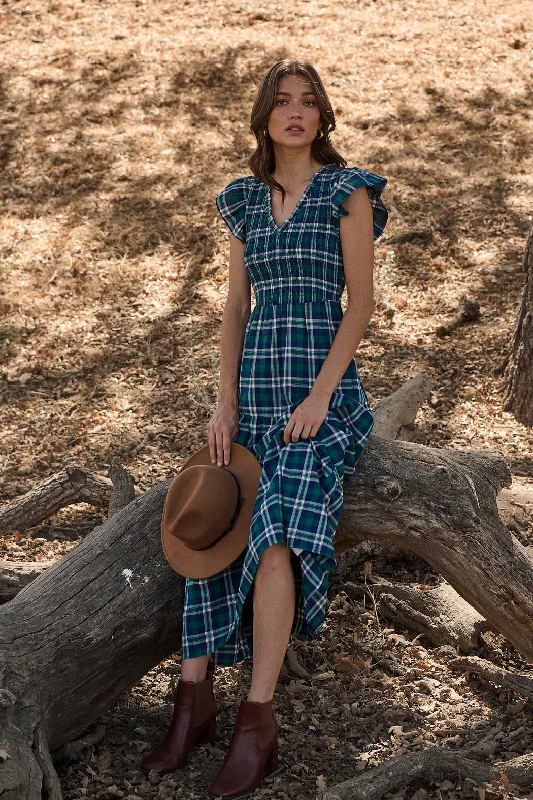 Midi Dresses for Fall Fashion-Buckley Plaid Sunfire Smocked Bodice Tiered Midi Dress