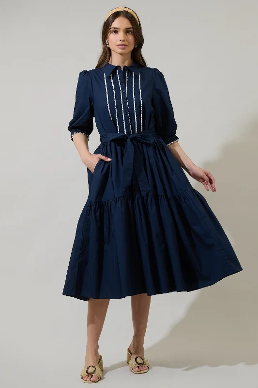 Midi Dresses with Pleated Details for Weddings-Karley Collared Button Down Midi Dress