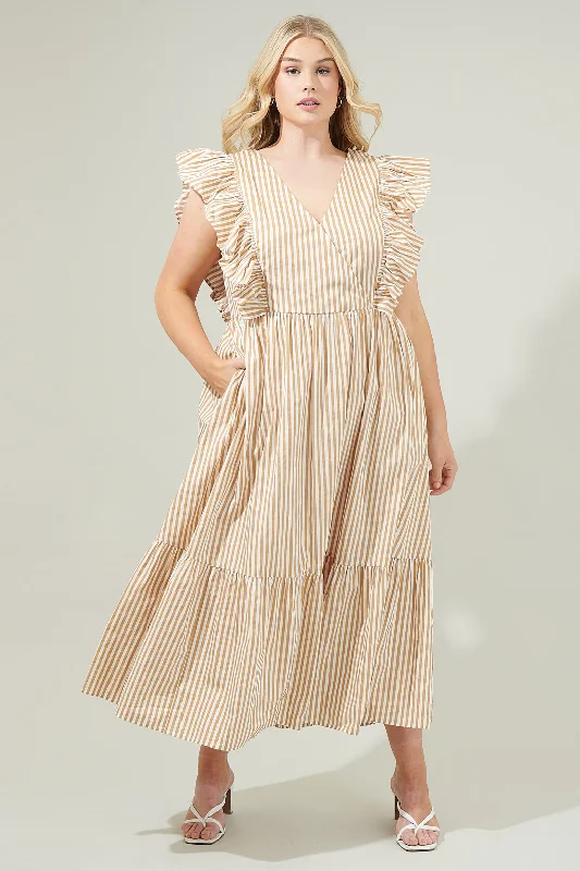 Midi Dresses for Trendy Holiday Wear-Luna Striped Fairness Taupe Poplin Surplice Midi Dress Curve