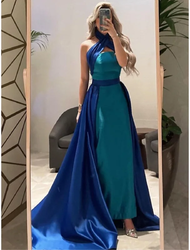 Evening Dress with Satin and Crystal Skirt-A-Line Evening Gown Elegant Dress Formal Court Train Sleeveless Halter Neck Satin with Pleats