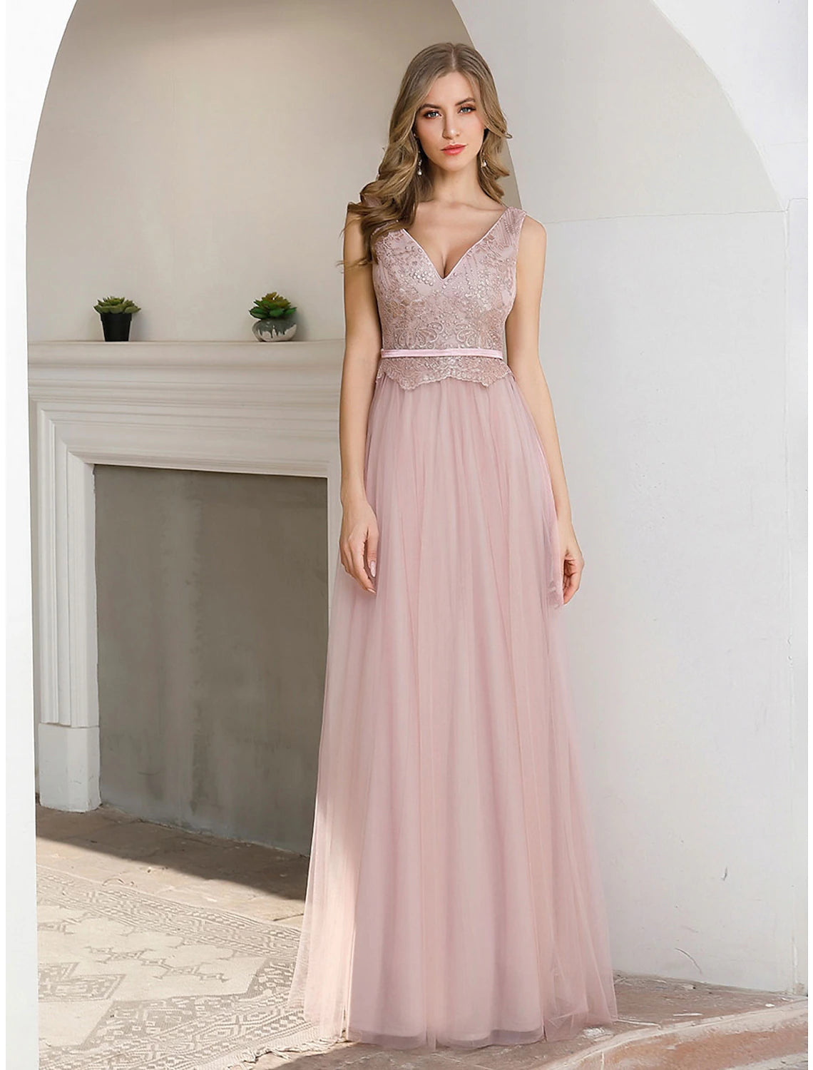 Evening Dress with Lace Bodice and Sequin Detail-A-Line Evening Gown Elegant Dress Wedding Guest Formal Evening Floor Length Sleeveless V Neck Satin V Back with Sash / Ribbon Sequin