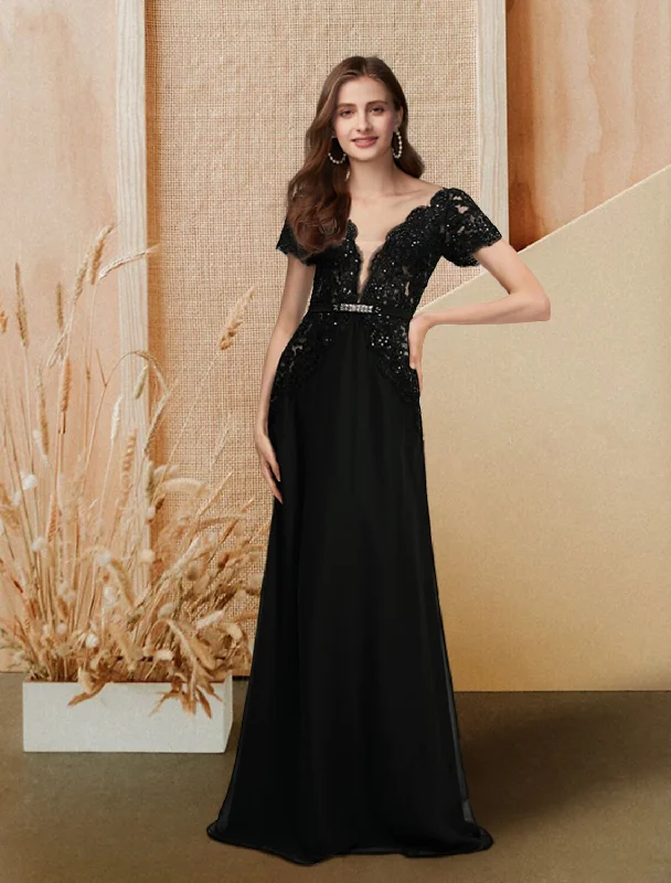 Evening Dress with Beads and Lace Applique-A-Line Evening Gown Empire Dress Engagement Formal Evening Floor Length Short Sleeve V Neck Chiffon with Sequin Lace Insert