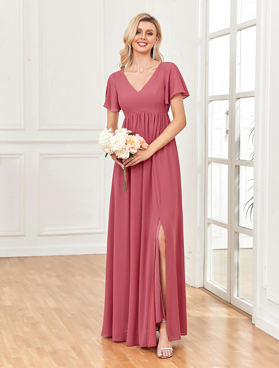 Evening Dress for Formal Cocktail Party-A-Line Evening Gown Empire Dress Party Wear Wedding Party Floor Length Short Sleeve V Neck Chiffon V Back with Slit