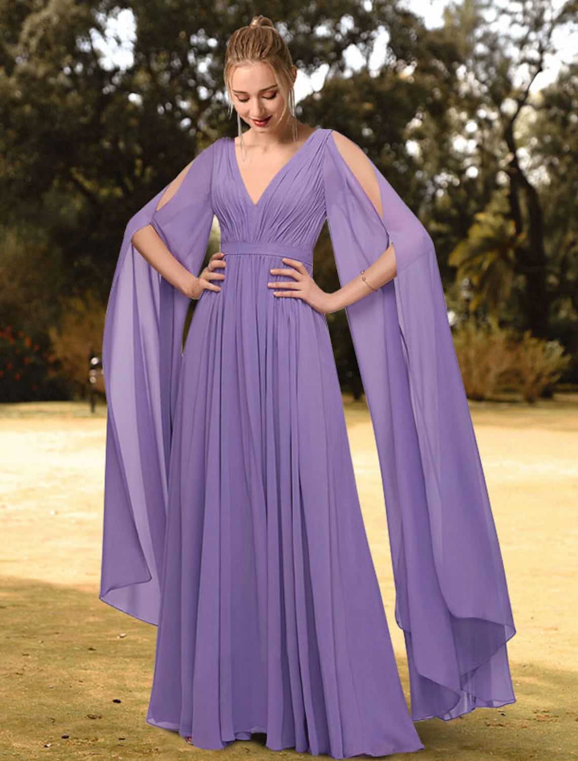 Evening Dress with Pleated Silk Skirt-A-Line Evening Gown Empire Dress Wedding Guest Formal Evening Floor Length Long Sleeve V Neck Chiffon with Pleats Pure Color