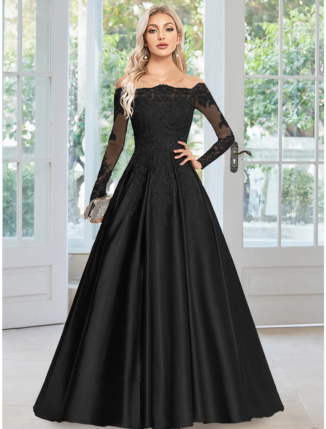 Evening Dress with Crystal Bodice and Tulle Skirt-A-Line Evening Gown Floral Dress Formal Wedding Guest Court Train Long Sleeve Off Shoulder Satin with Appliques