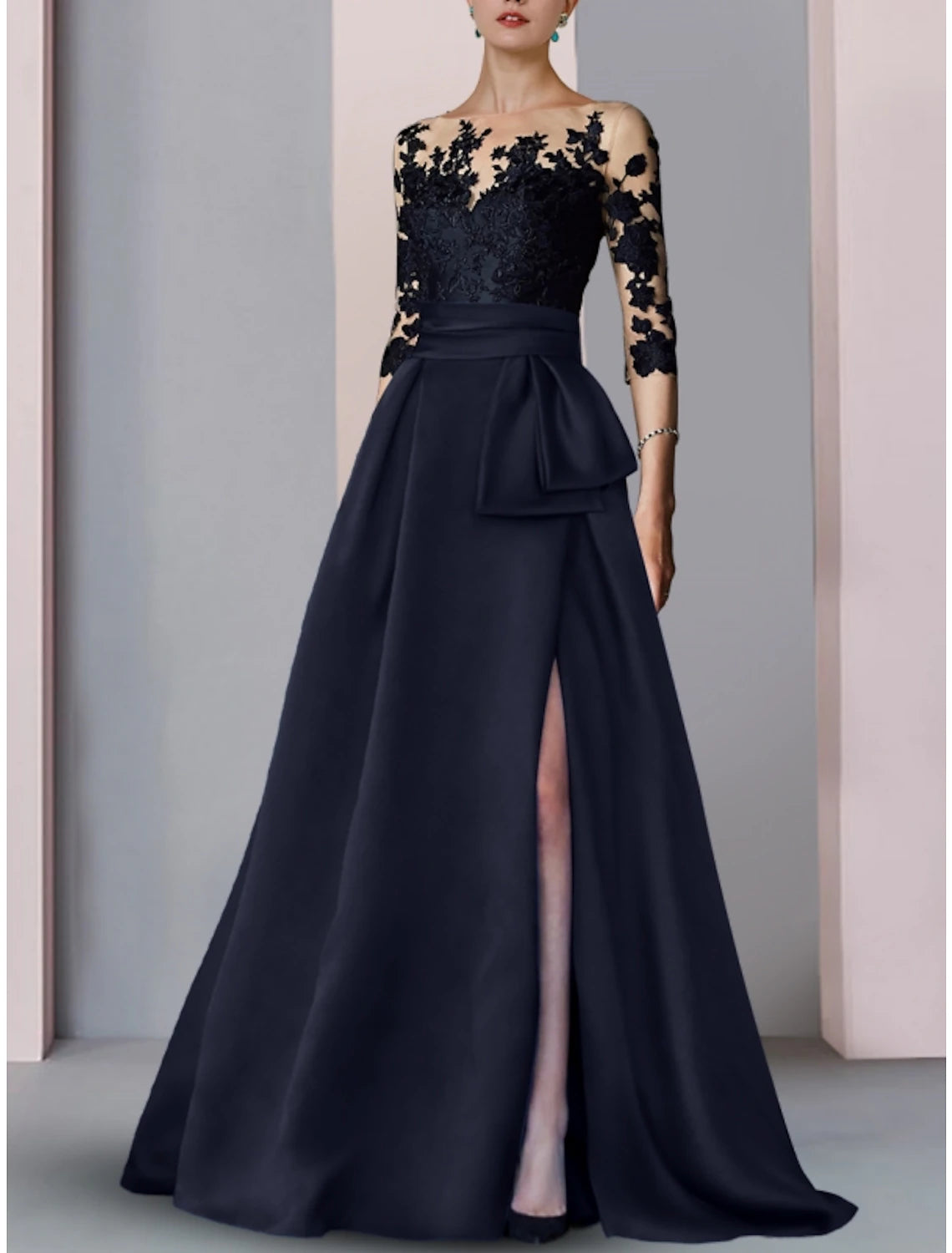 Evening Dress with Pleated Tulle Bodice-A-Line Evening Gown High Split Dress Formal Fall Sweep / Brush Train Half Sleeve Illusion Neck Satin with Slit Embroidery