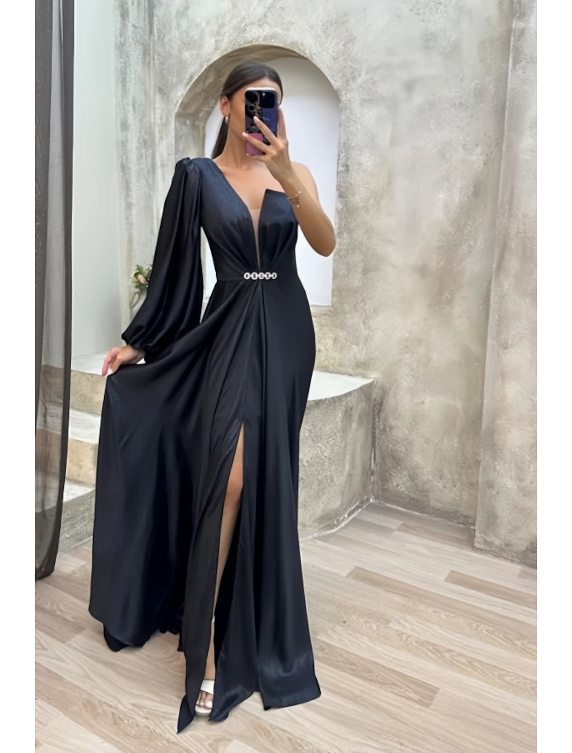 Evening Dress with Embroidered Skirt-A-Line Evening Gown High Split Dress Formal Fall Sweep / Brush Train Long Sleeve One Shoulder Satin with Pleats Crystals Slit