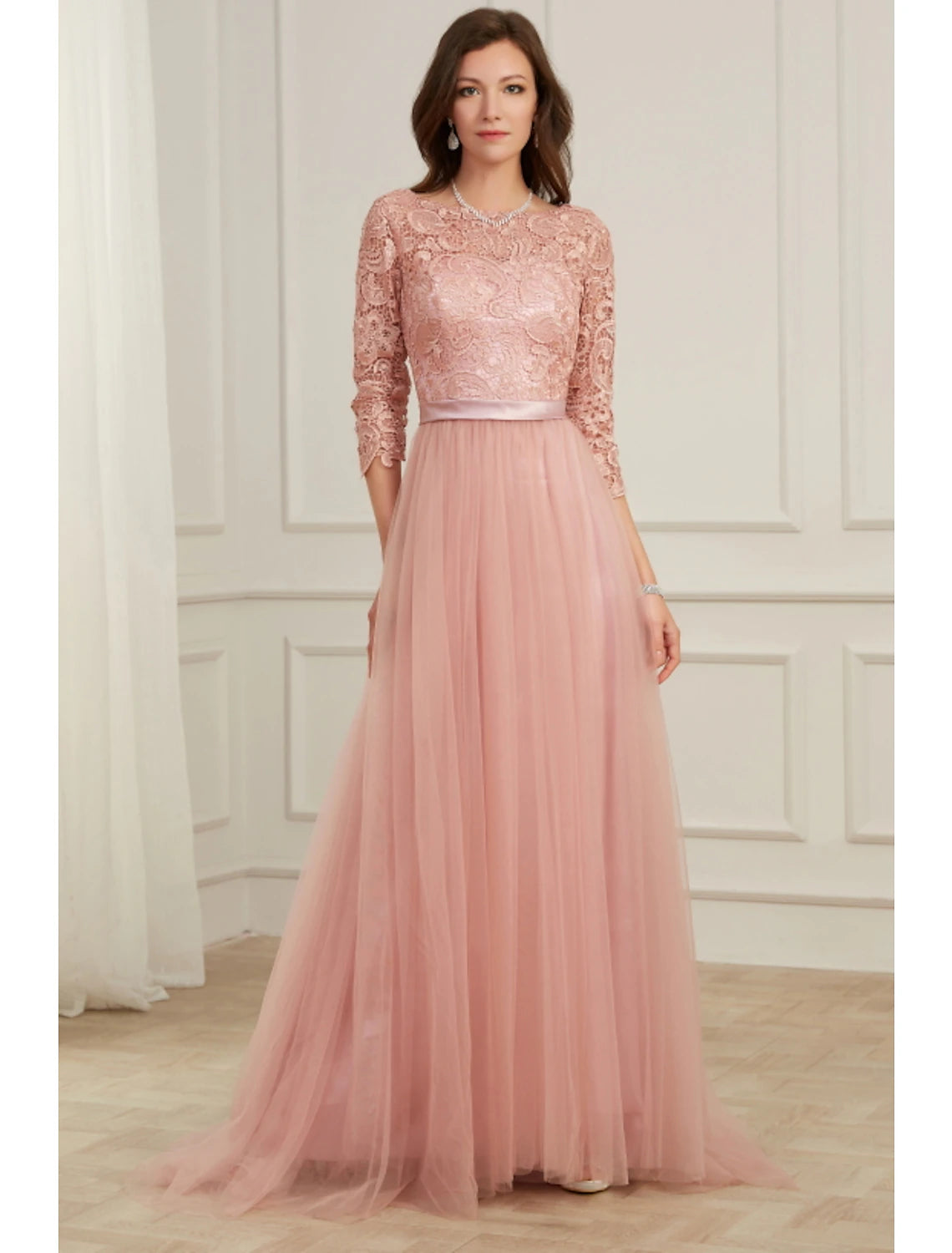 Evening Dress with Silk Bodice and Crystal-A-Line Evening Gown Spring Dress Party Wear Formal Evening Sweep / Brush Train Long Sleeve Jewel Neck Lace with Appliques