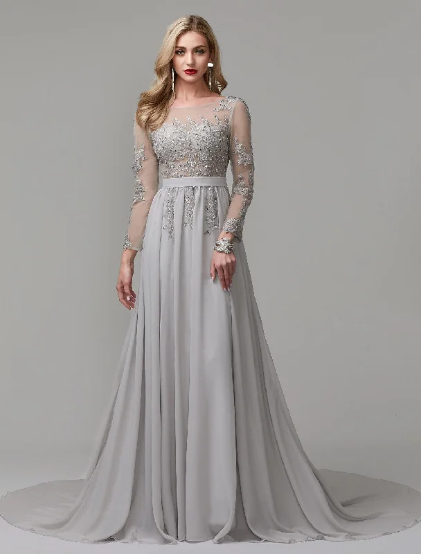 Evening Dress with Crystal and Satin Train-A-Line Luxurious Engagement Formal Evening Dress Illusion Neck V Back Low Back Long Sleeve Chapel Train Chiffon with Sequin Appliques / Illusion Sleeve