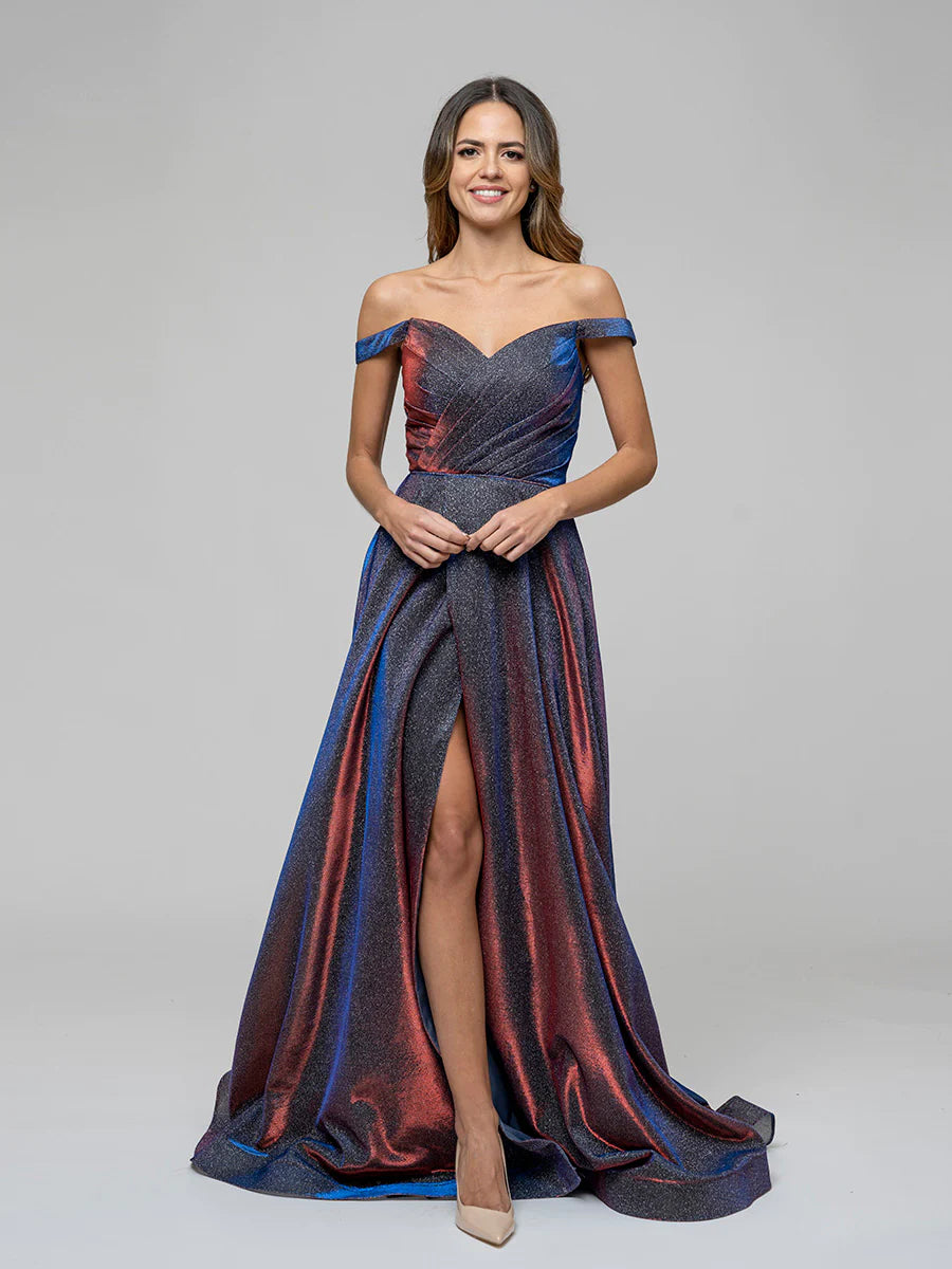 Evening Dress with Crystal and Satin-Embellished Bodice-Koutun A Line Off The Shoulder Formal Party Prom Dresses