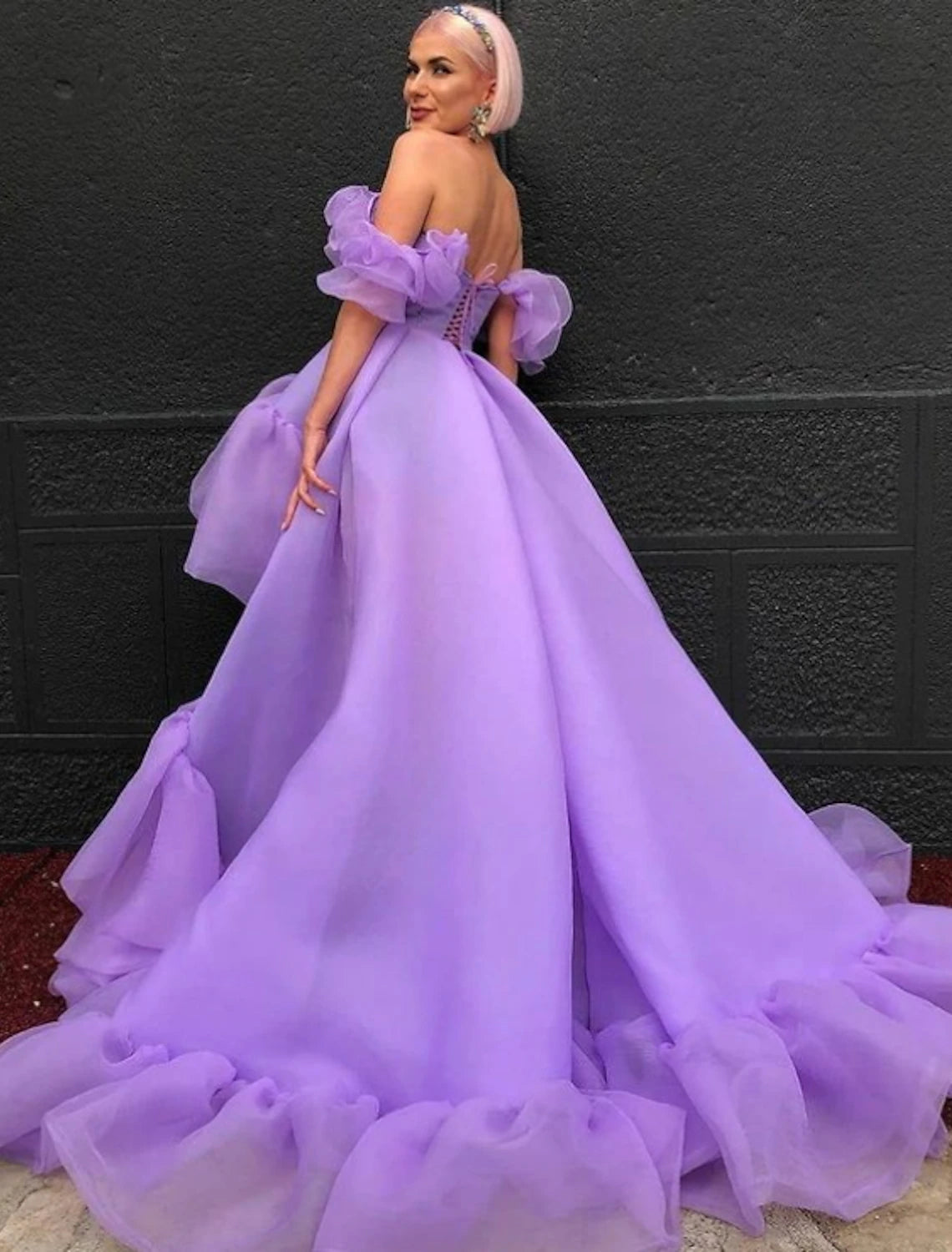 Evening Dress with Sheer Beaded Details-A-Line Prom Dresses High Low Dress Quinceanera Asymmetrical Purple Short Sleeve Off Shoulder Tulle with Tier