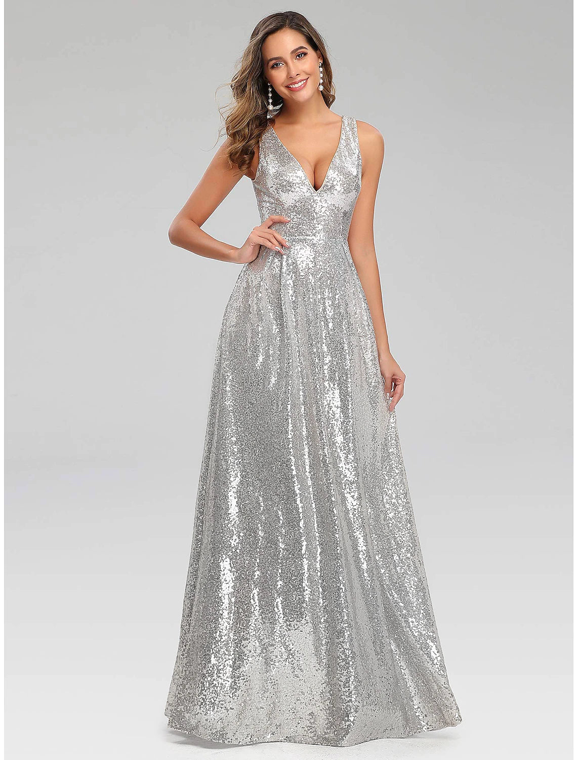 Evening Dress with Satin Layers and Crystal-A-Line Prom Dresses Sparkle Dress Wedding Guest Engagement Floor Length Sleeveless V Neck Polyester V Back with SequinA-Line Prom Dresses Sparkle Dress Wedding Guest Engagement Floor Length Sleeveless V Neck Polyester V Back with Sequin