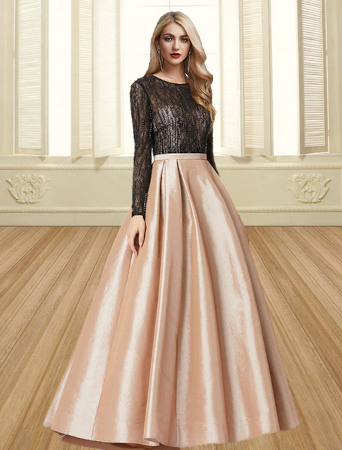 Evening Dress with Beaded Satin Skirt-Ball Gown Evening Gown Color Block Dress Engagement Formal Evening Floor Length Long Sleeve Jewel Neck Satin with Pleats