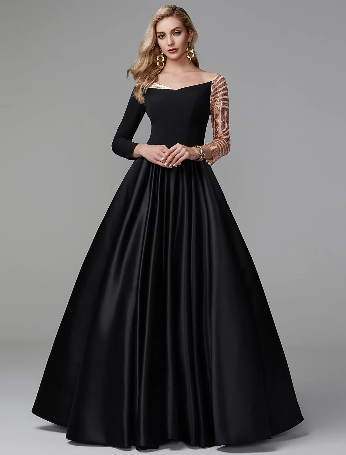 Evening Dress for Fashionable Wedding-Ball Gown Vintage Dress Quinceanera Formal Evening Floor Length Long Sleeve Off Shoulder Satin with Sequin