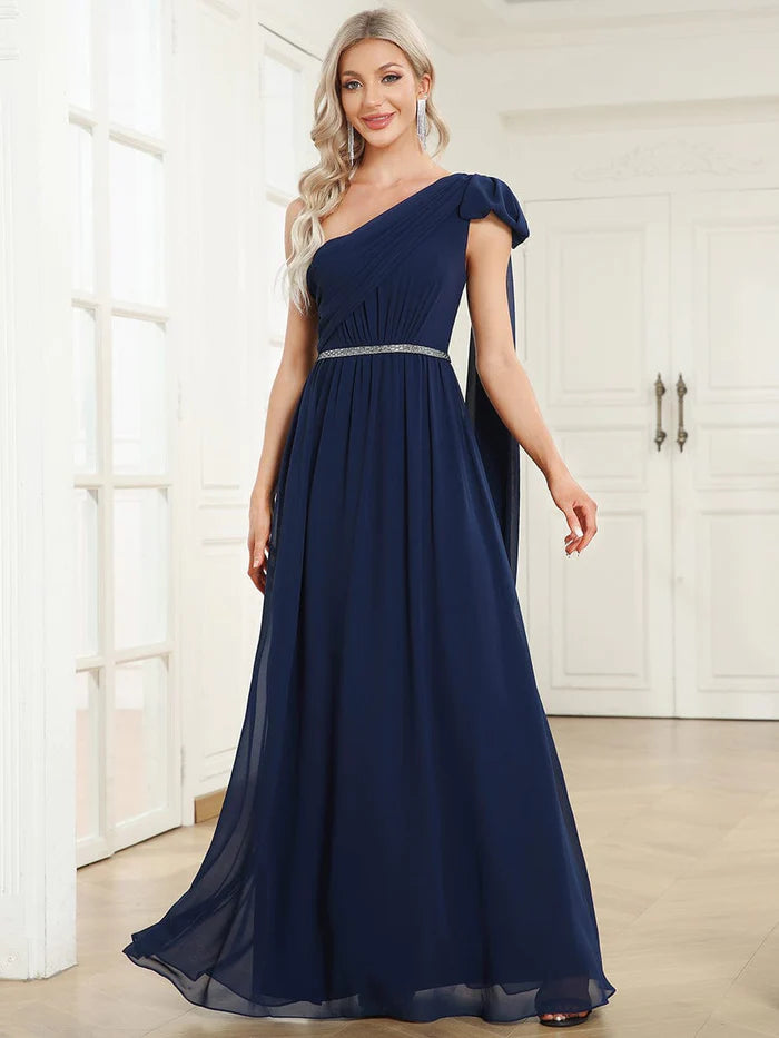 Evening Dress with Beaded Crystal Bodice-Chiffon One Shoulder Asymmetrical Embellished Waist Multiway Evening Dress