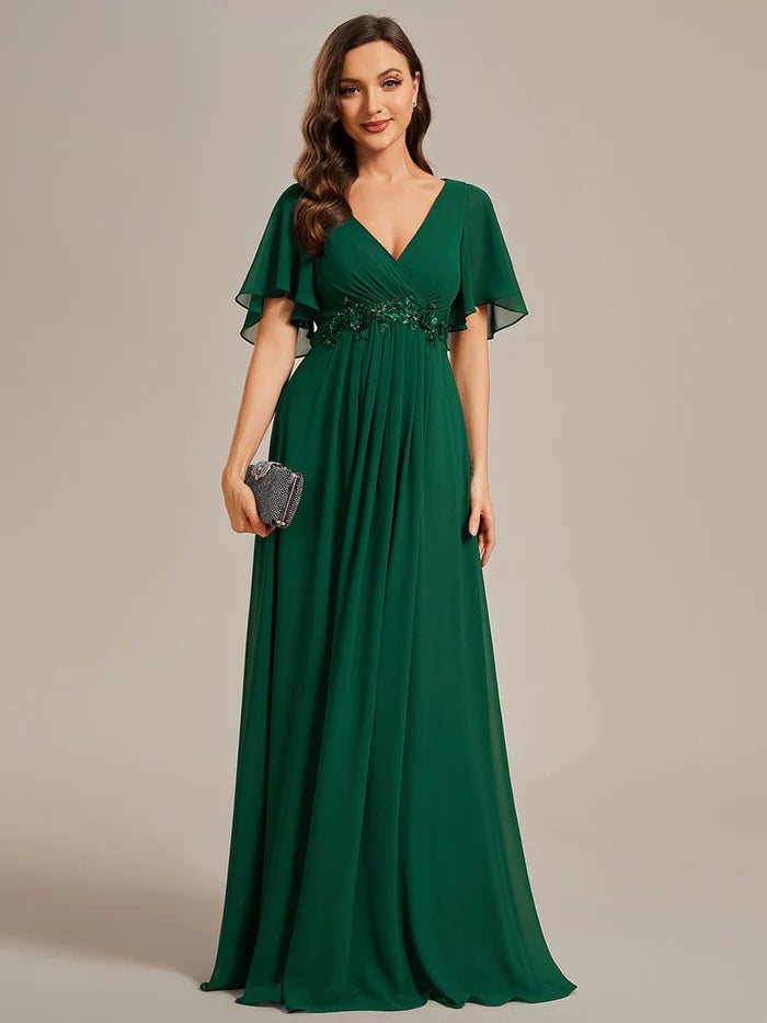 Evening Dress with Lace and Crystal Train-Elegant Chiffon Applique Evening Dress with Flutter Sleeves