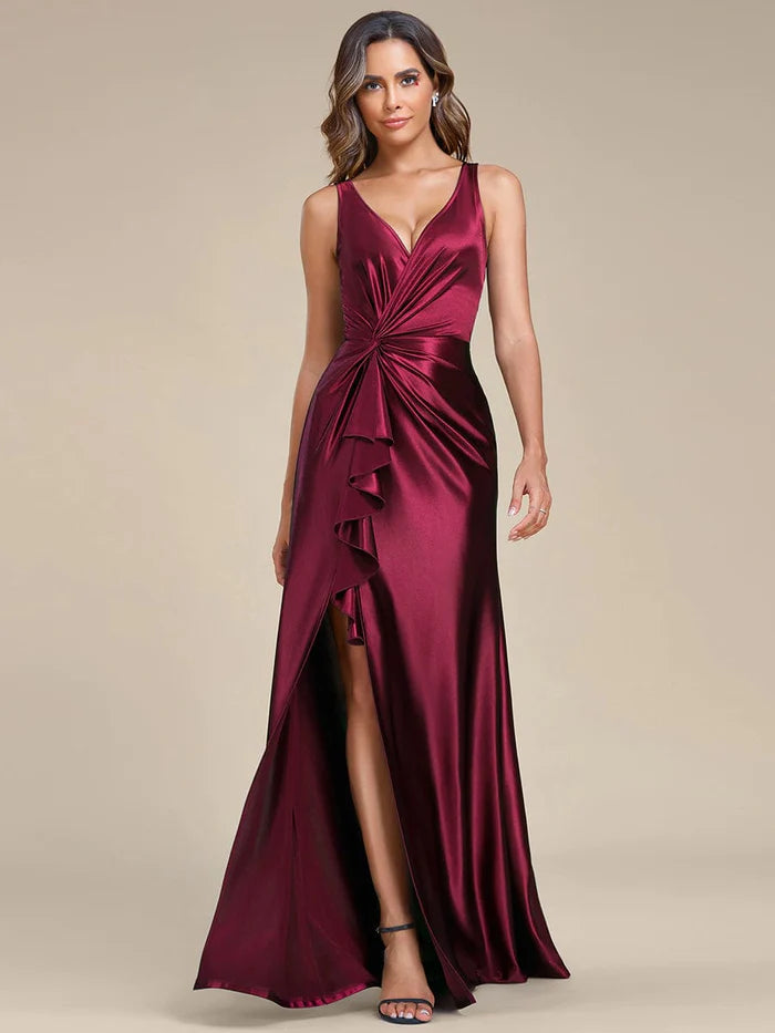 Evening Dress for Winter Fashion Event-Elegant V Neck Pleated High Slit Satin Evening Dress