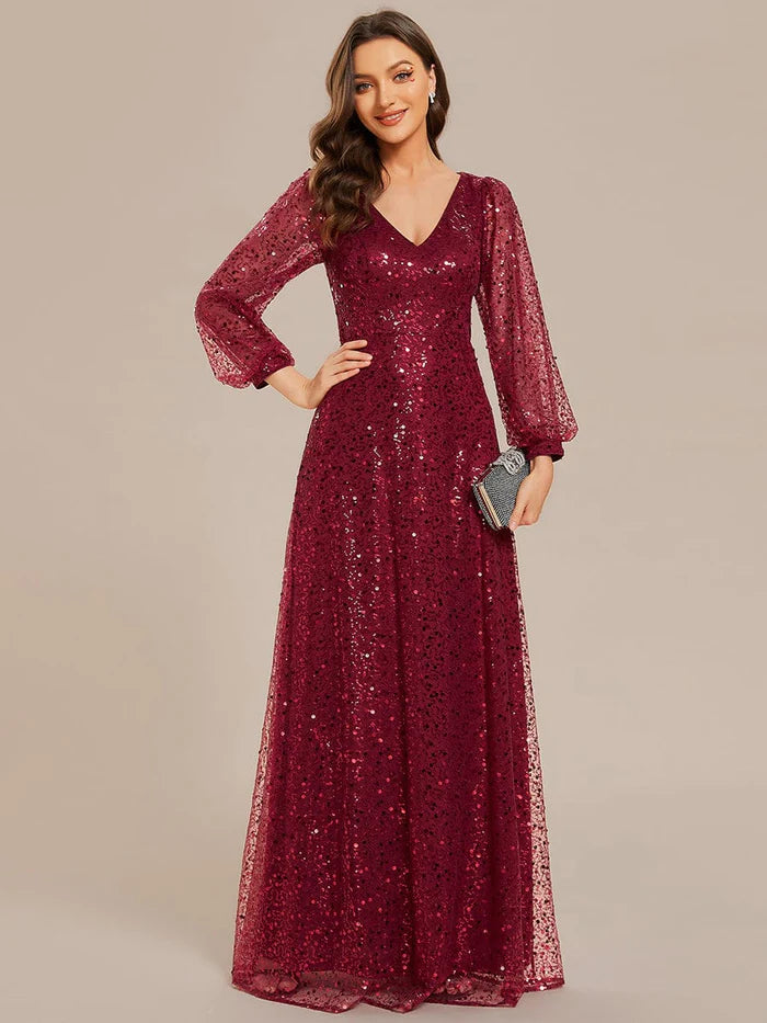 Evening Dress with Satin and Feather Bodice-Koutun V-Neck Lantern Long Sleeve Sequin A-Line Evening Dress