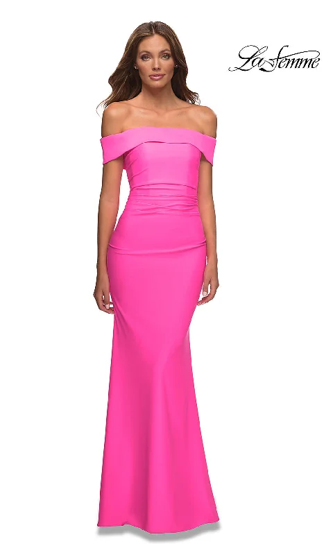 Evening Dress with Satin and Beaded Bodice-La Femme Off-the-Shoulder Bright Long Prom Dress