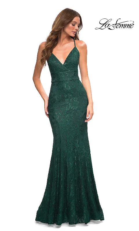 Evening Dress with Lace and Satin Skirt-Stretch-Lace La Femme Long Prom Dress with Train