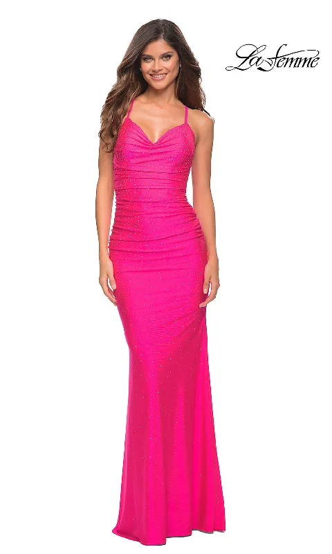 Evening Dress with Crystal and Tulle Detail-Neon Pink Long La Femme Rhinestone Prom Dress