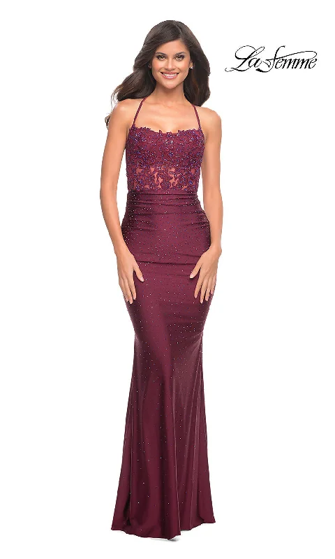 Evening Dress with Draped Beaded Detail-Open-Back Sheer-Waist Long La Femme Prom Dress